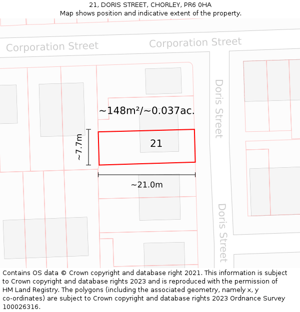 21, DORIS STREET, CHORLEY, PR6 0HA: Plot and title map