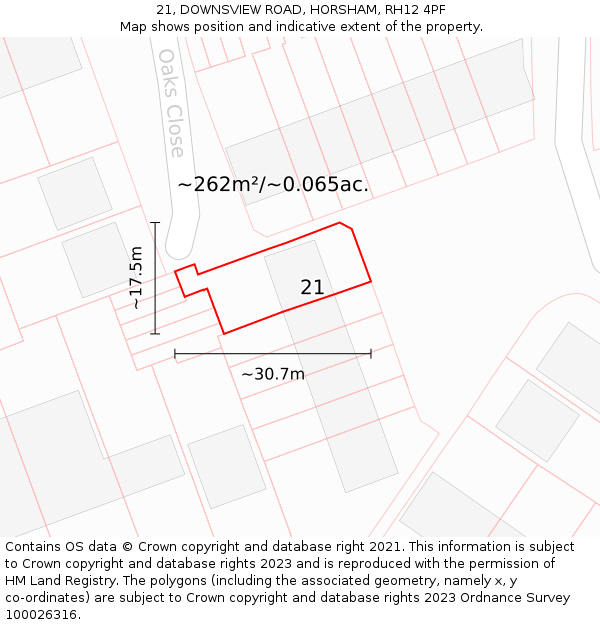 21, DOWNSVIEW ROAD, HORSHAM, RH12 4PF: Plot and title map