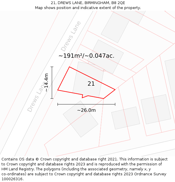 21, DREWS LANE, BIRMINGHAM, B8 2QE: Plot and title map