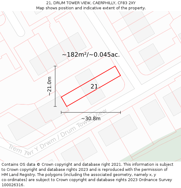 21, DRUM TOWER VIEW, CAERPHILLY, CF83 2XY: Plot and title map