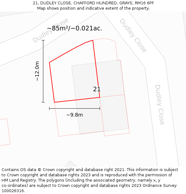 21, DUDLEY CLOSE, CHAFFORD HUNDRED, GRAYS, RM16 6PF: Plot and title map