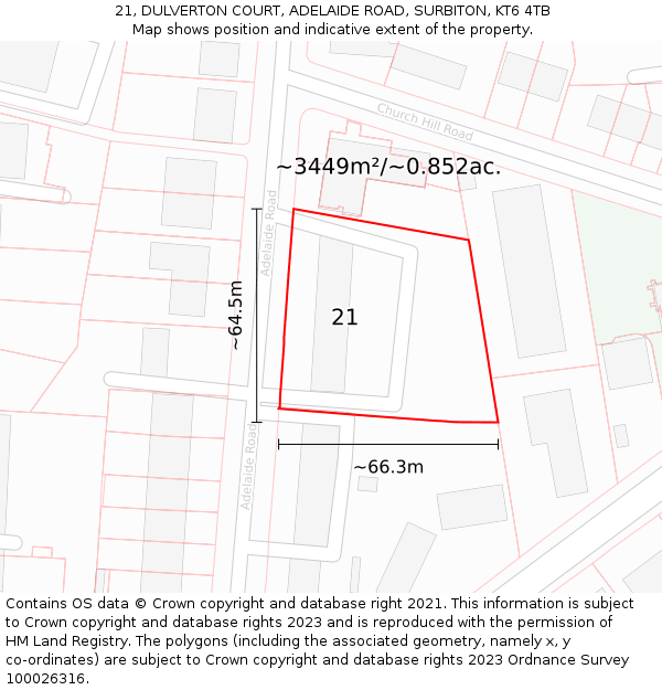 21, DULVERTON COURT, ADELAIDE ROAD, SURBITON, KT6 4TB: Plot and title map