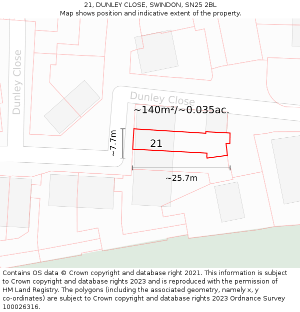 21, DUNLEY CLOSE, SWINDON, SN25 2BL: Plot and title map