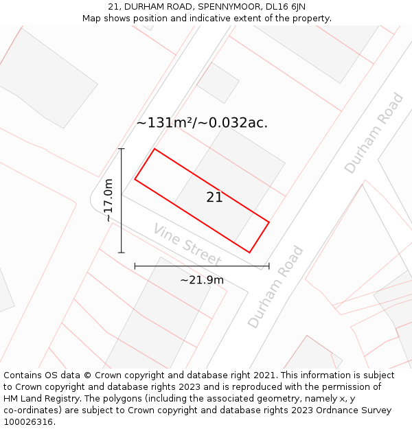 21, DURHAM ROAD, SPENNYMOOR, DL16 6JN: Plot and title map