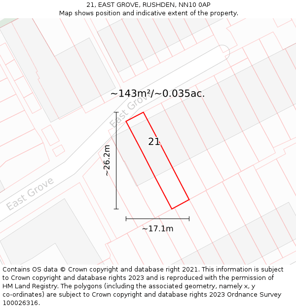 21, EAST GROVE, RUSHDEN, NN10 0AP: Plot and title map
