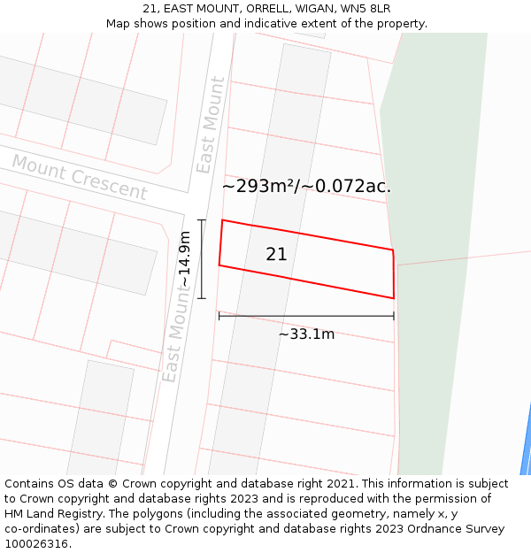 21, EAST MOUNT, ORRELL, WIGAN, WN5 8LR: Plot and title map