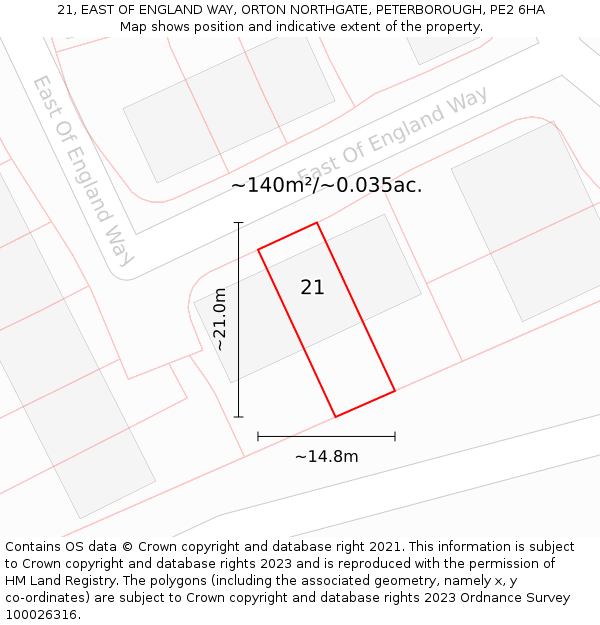 21, EAST OF ENGLAND WAY, ORTON NORTHGATE, PETERBOROUGH, PE2 6HA: Plot and title map