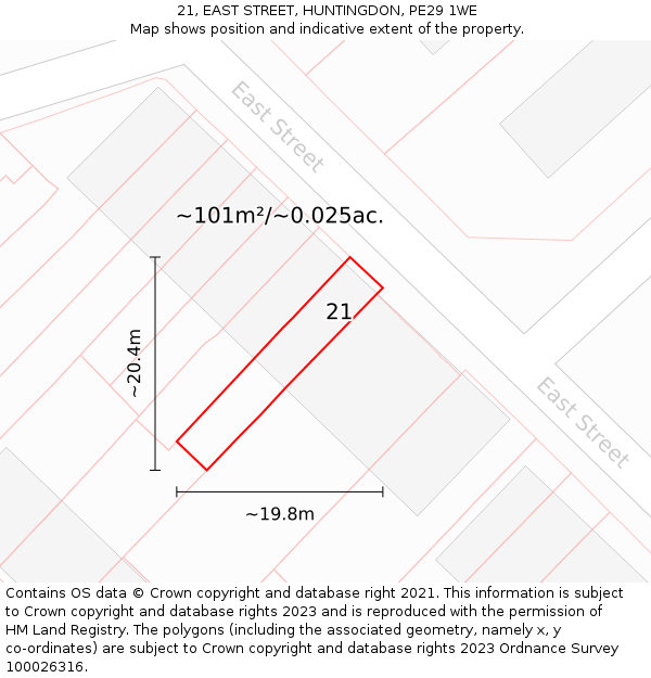 21, EAST STREET, HUNTINGDON, PE29 1WE: Plot and title map
