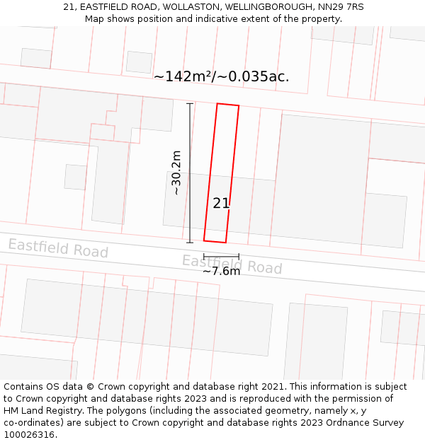 21, EASTFIELD ROAD, WOLLASTON, WELLINGBOROUGH, NN29 7RS: Plot and title map