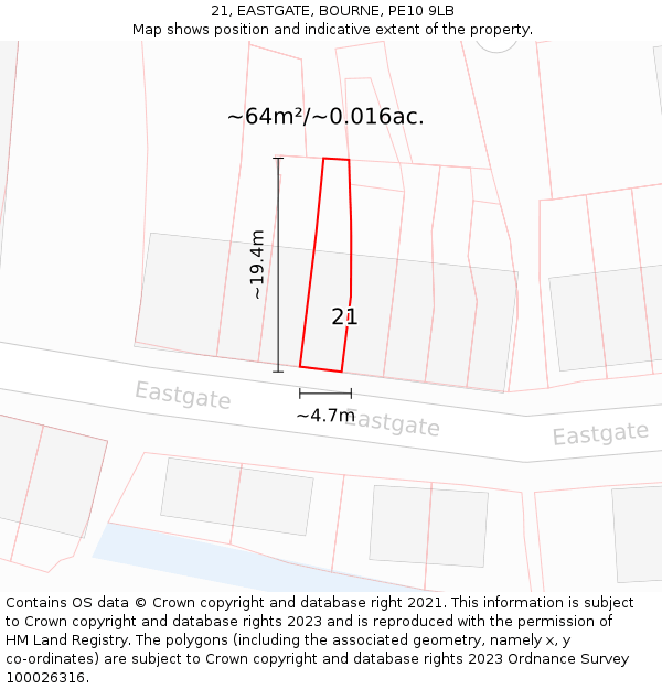 21, EASTGATE, BOURNE, PE10 9LB: Plot and title map