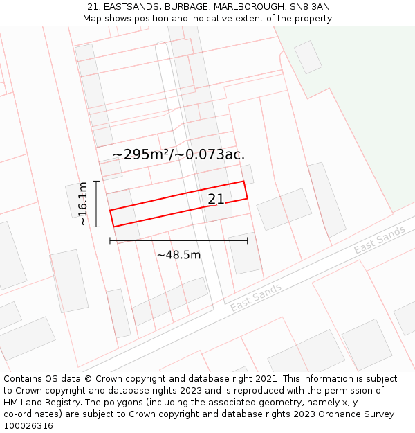 21, EASTSANDS, BURBAGE, MARLBOROUGH, SN8 3AN: Plot and title map