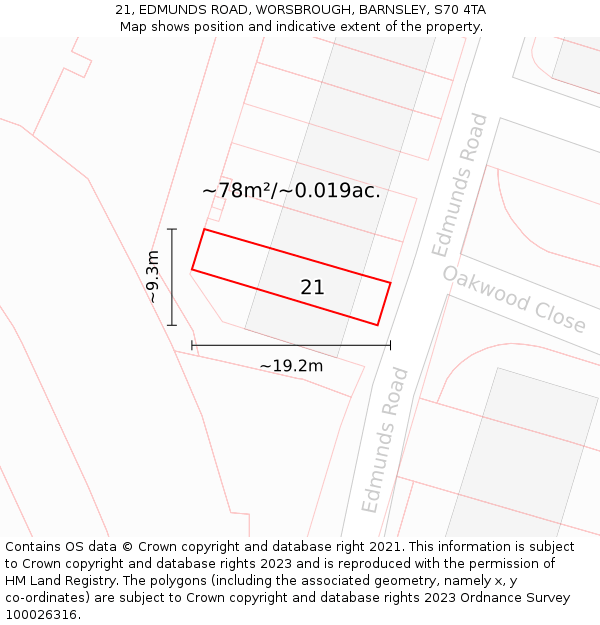 21, EDMUNDS ROAD, WORSBROUGH, BARNSLEY, S70 4TA: Plot and title map