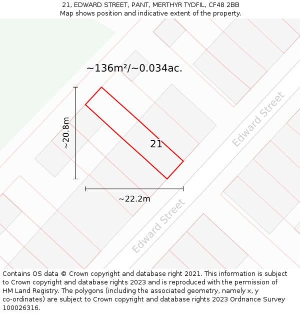 21, EDWARD STREET, PANT, MERTHYR TYDFIL, CF48 2BB: Plot and title map