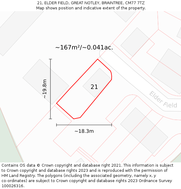 21, ELDER FIELD, GREAT NOTLEY, BRAINTREE, CM77 7TZ: Plot and title map