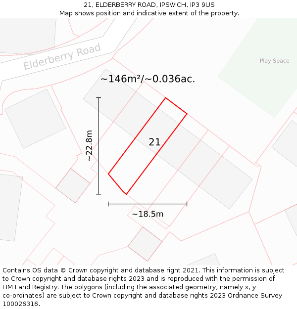 21, ELDERBERRY ROAD, IPSWICH, IP3 9US: Plot and title map