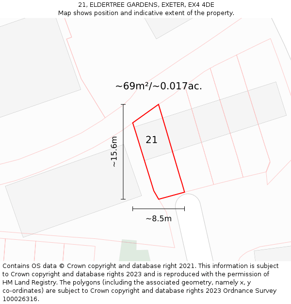 21, ELDERTREE GARDENS, EXETER, EX4 4DE: Plot and title map