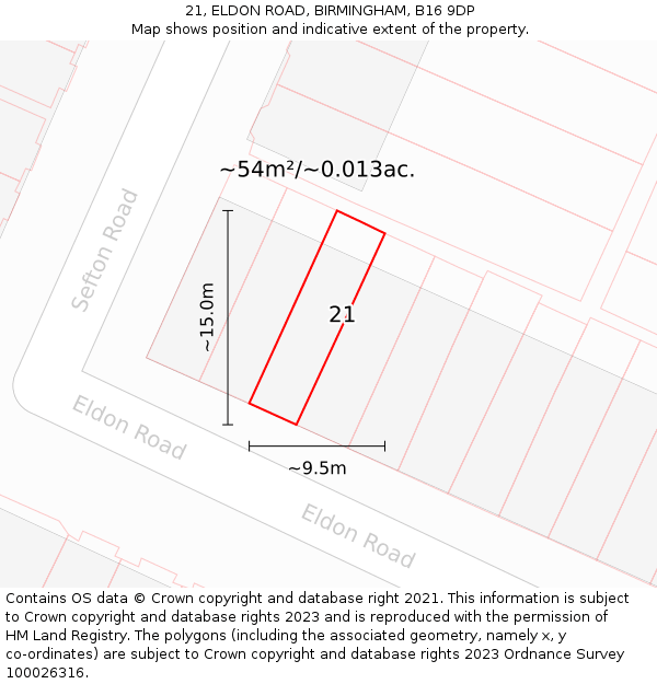 21, ELDON ROAD, BIRMINGHAM, B16 9DP: Plot and title map