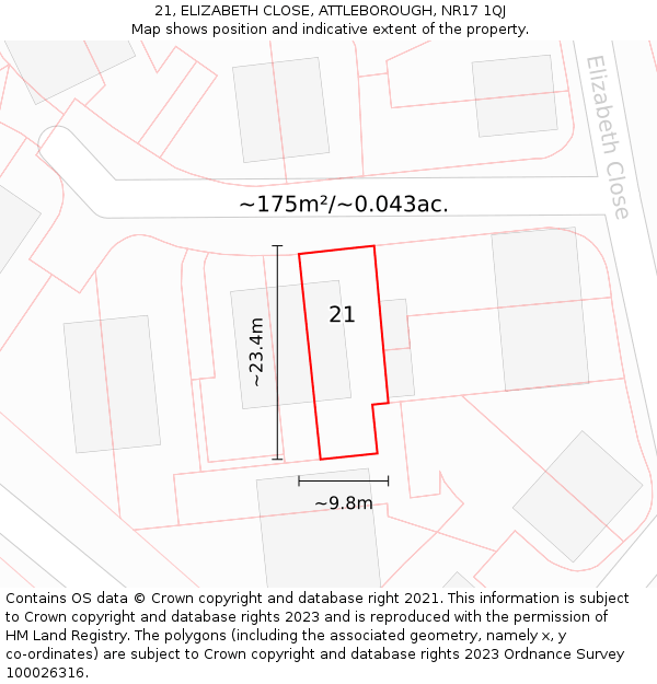 21, ELIZABETH CLOSE, ATTLEBOROUGH, NR17 1QJ: Plot and title map