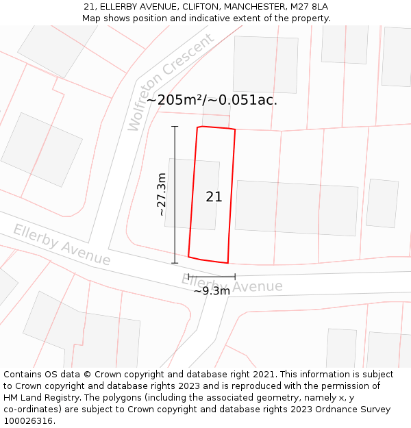 21, ELLERBY AVENUE, CLIFTON, MANCHESTER, M27 8LA: Plot and title map
