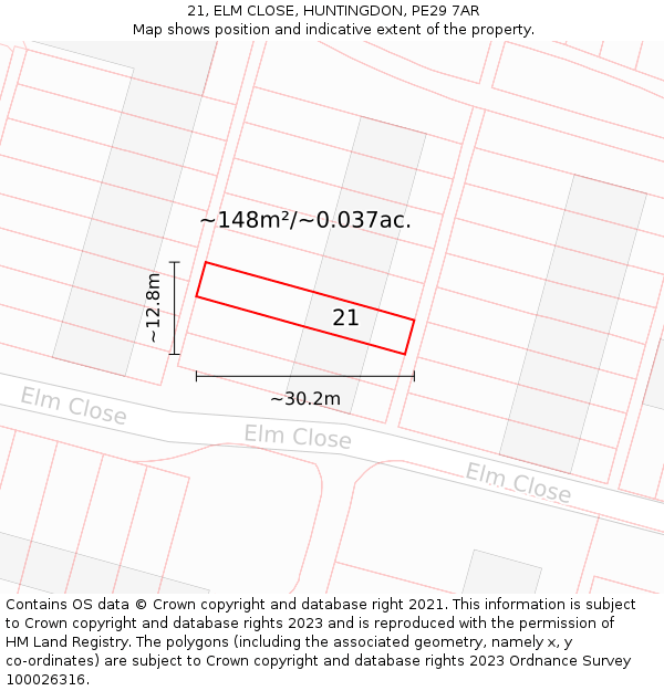 21, ELM CLOSE, HUNTINGDON, PE29 7AR: Plot and title map
