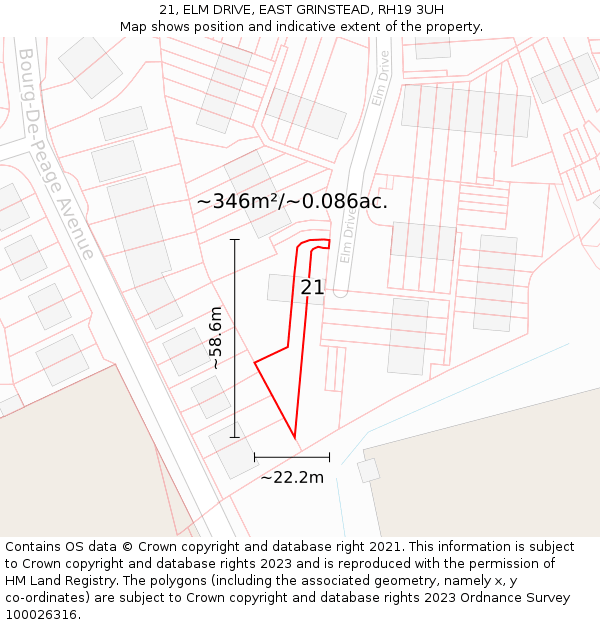 21, ELM DRIVE, EAST GRINSTEAD, RH19 3UH: Plot and title map