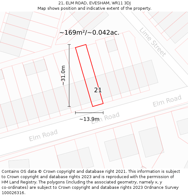 21, ELM ROAD, EVESHAM, WR11 3DJ: Plot and title map