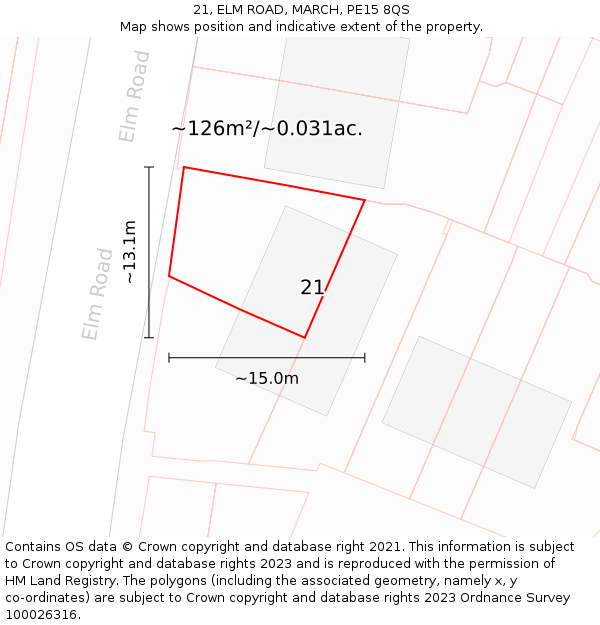 21, ELM ROAD, MARCH, PE15 8QS: Plot and title map