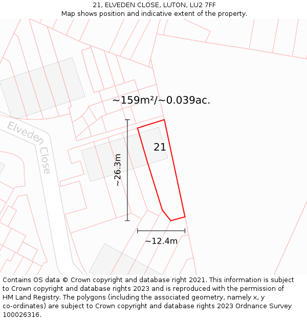 21, ELVEDEN CLOSE, LUTON, LU2 7FF: Plot and title map