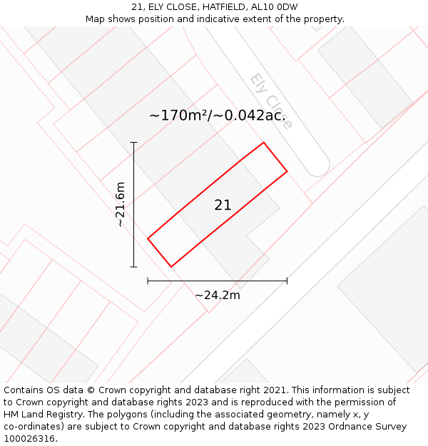 21, ELY CLOSE, HATFIELD, AL10 0DW: Plot and title map