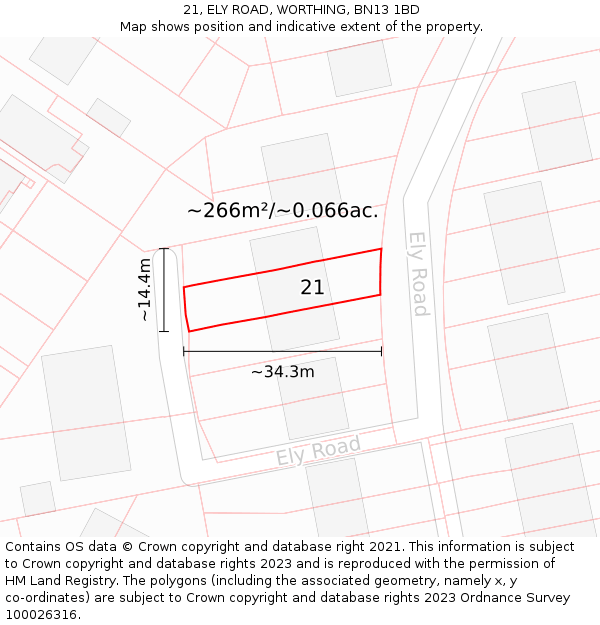 21, ELY ROAD, WORTHING, BN13 1BD: Plot and title map