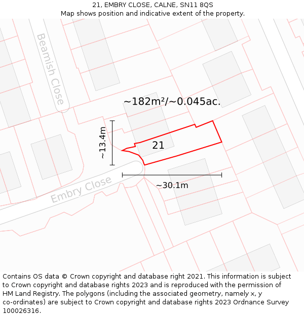 21, EMBRY CLOSE, CALNE, SN11 8QS: Plot and title map