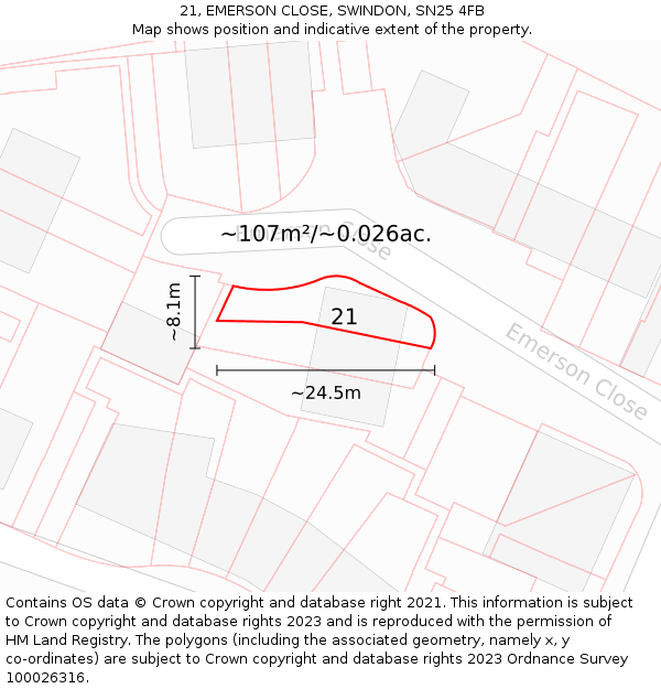 21, EMERSON CLOSE, SWINDON, SN25 4FB: Plot and title map