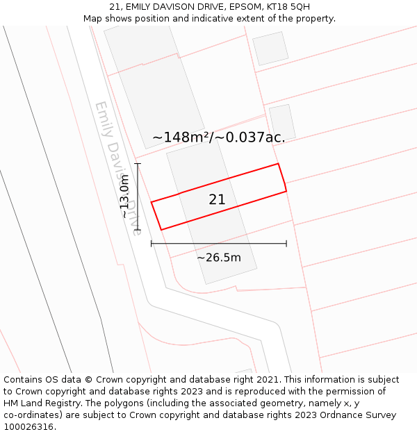 21, EMILY DAVISON DRIVE, EPSOM, KT18 5QH: Plot and title map
