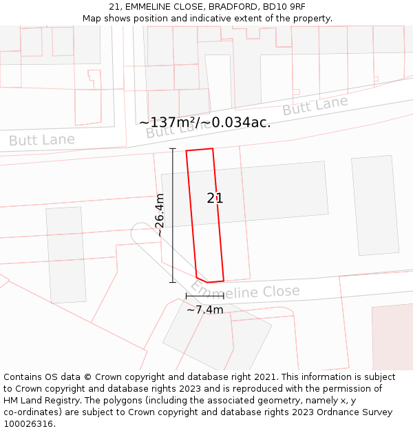 21, EMMELINE CLOSE, BRADFORD, BD10 9RF: Plot and title map