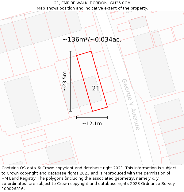 21, EMPIRE WALK, BORDON, GU35 0GA: Plot and title map