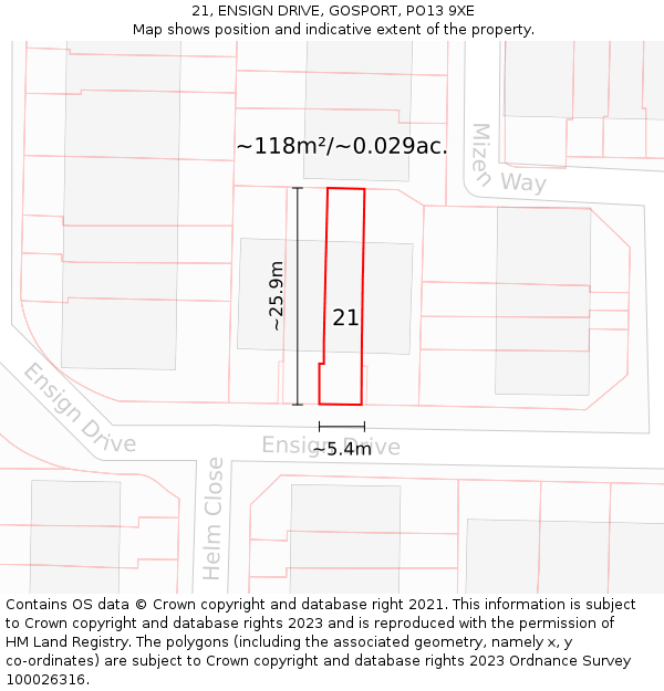21, ENSIGN DRIVE, GOSPORT, PO13 9XE: Plot and title map