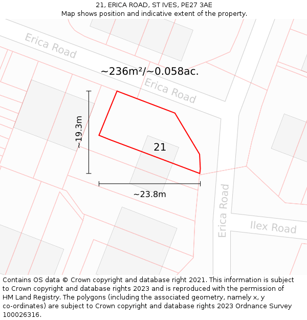 21, ERICA ROAD, ST IVES, PE27 3AE: Plot and title map