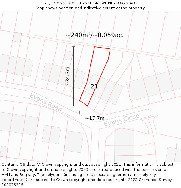 21, EVANS ROAD, EYNSHAM, WITNEY, OX29 4QT: Plot and title map