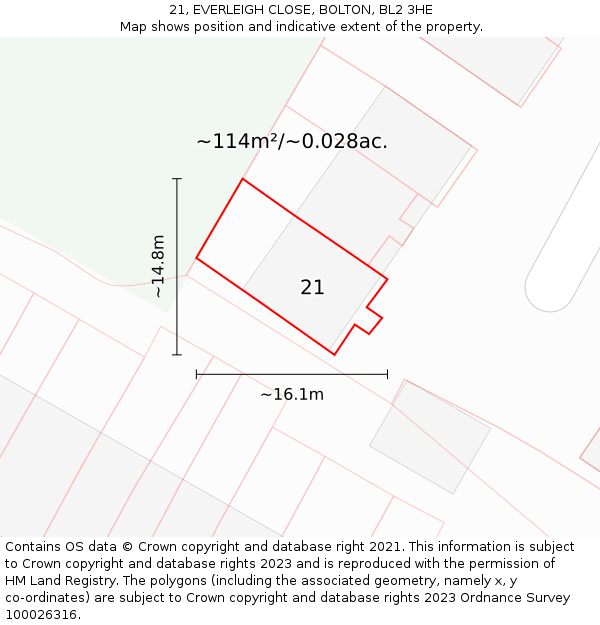 21, EVERLEIGH CLOSE, BOLTON, BL2 3HE: Plot and title map