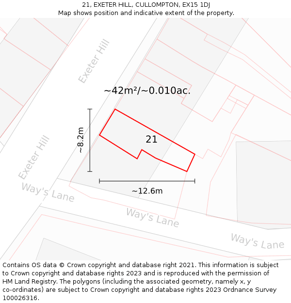 21, EXETER HILL, CULLOMPTON, EX15 1DJ: Plot and title map