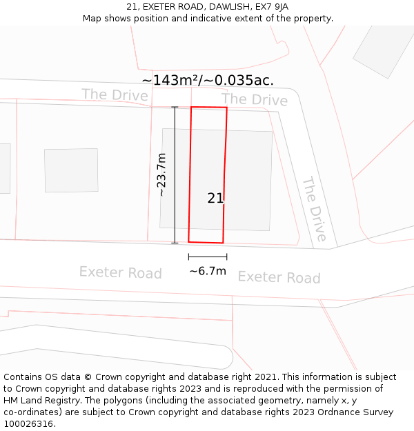 21, EXETER ROAD, DAWLISH, EX7 9JA: Plot and title map