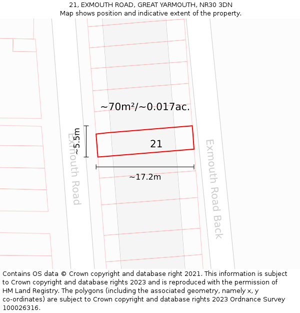 21, EXMOUTH ROAD, GREAT YARMOUTH, NR30 3DN: Plot and title map