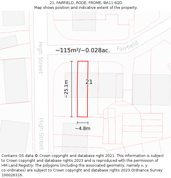 21, FAIRFIELD, RODE, FROME, BA11 6QD: Plot and title map