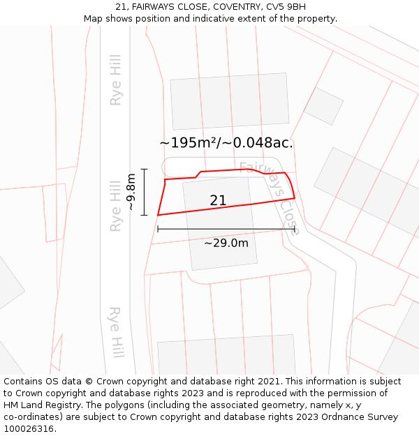 21, FAIRWAYS CLOSE, COVENTRY, CV5 9BH: Plot and title map