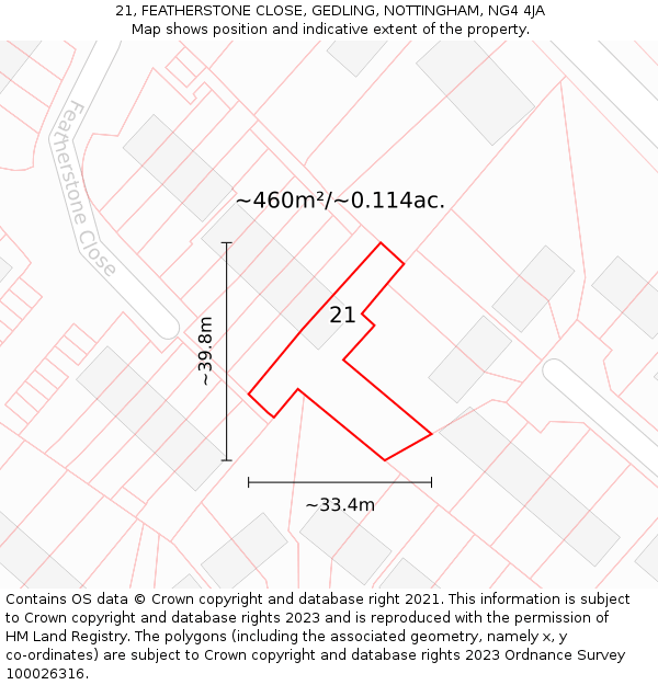 21, FEATHERSTONE CLOSE, GEDLING, NOTTINGHAM, NG4 4JA: Plot and title map