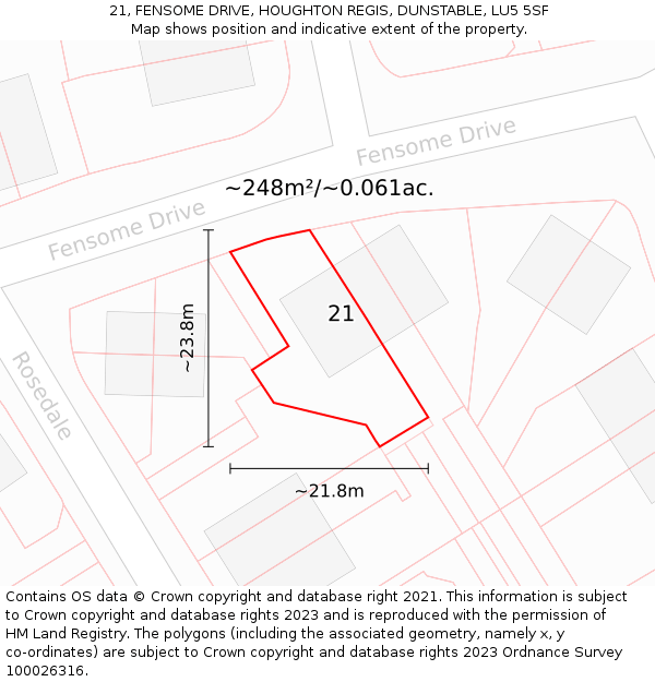 21, FENSOME DRIVE, HOUGHTON REGIS, DUNSTABLE, LU5 5SF: Plot and title map