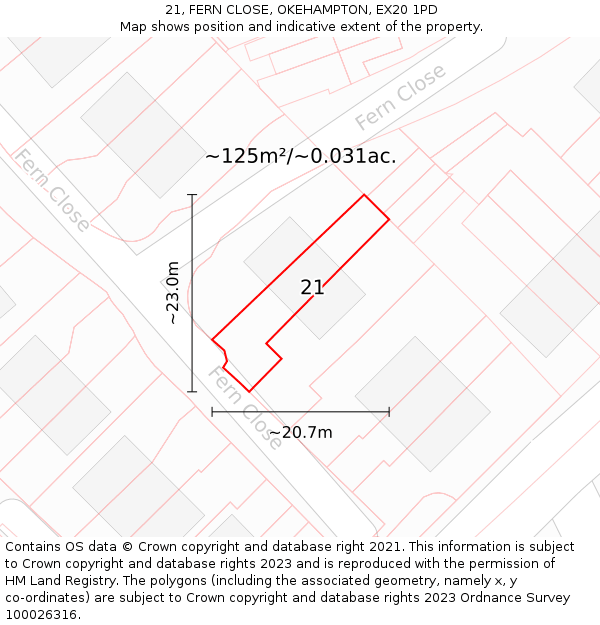 21, FERN CLOSE, OKEHAMPTON, EX20 1PD: Plot and title map