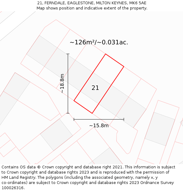 21, FERNDALE, EAGLESTONE, MILTON KEYNES, MK6 5AE: Plot and title map