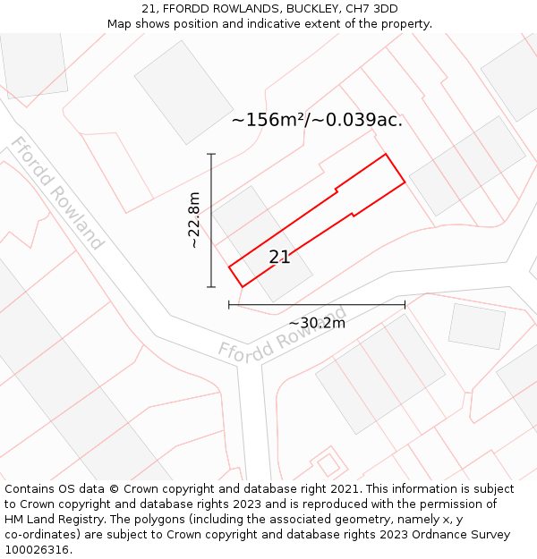 21, FFORDD ROWLANDS, BUCKLEY, CH7 3DD: Plot and title map