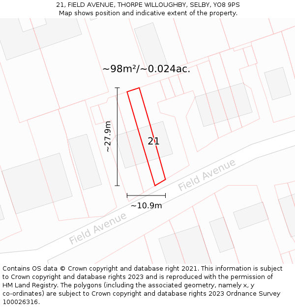 21, FIELD AVENUE, THORPE WILLOUGHBY, SELBY, YO8 9PS: Plot and title map
